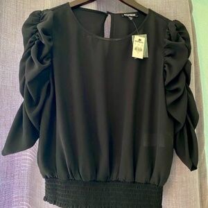 New! Express Cropped Ruched Sleeve Blouse- Black.